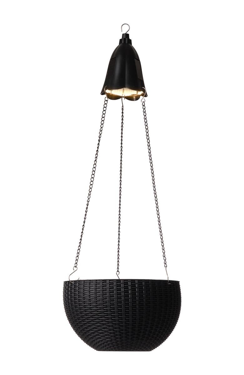 Glitzhome 30"H Solar Lighted Hanging Black Plastic Basket Planter, Main, color, Black