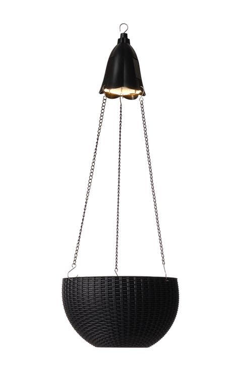 30"H Solar Lighted Hanging Black Plastic Basket Planter
