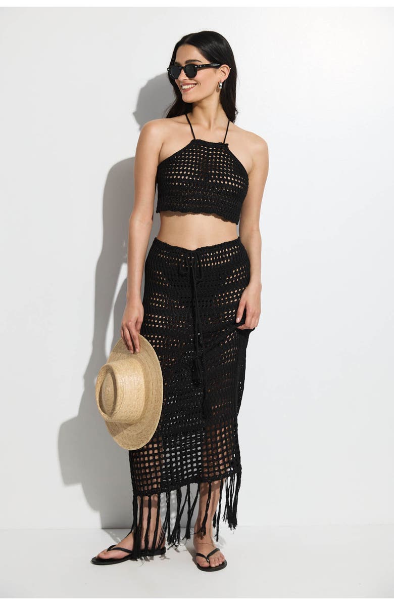 Gottex Beach Life Crochet Fringe Skirt and Crop Top Set, Main, color, Black