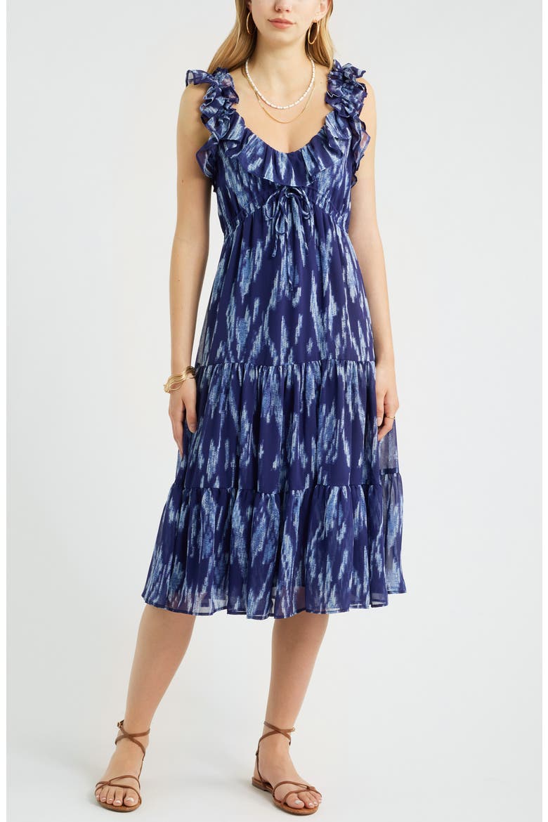 Print Ruffle Trim Tiered Midi Dress, Main, color, NAVY STILL PIPER IKAT