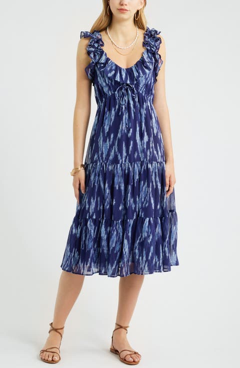 Print Ruffle Trim Tiered Midi Dress