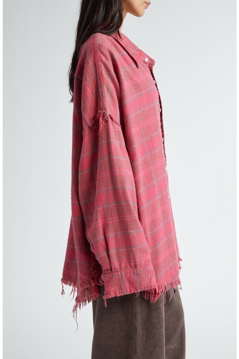 Shredded Seam Oversize Plaid Cotton Flannel Button-Up Shirt, Alternate, color, RASPBERRY OVERDYED PLAID