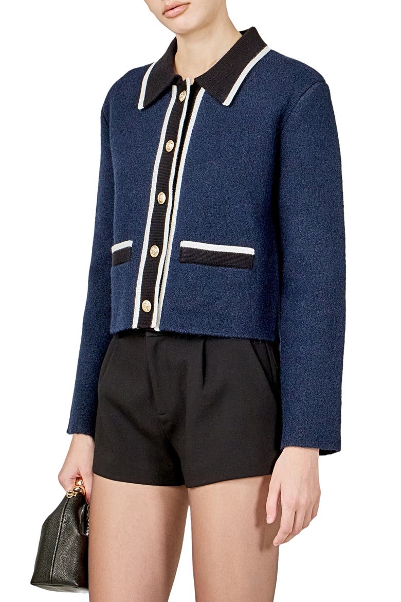 Contrast Placket Cardigan, Alternate, color, NAVY/ WHITE