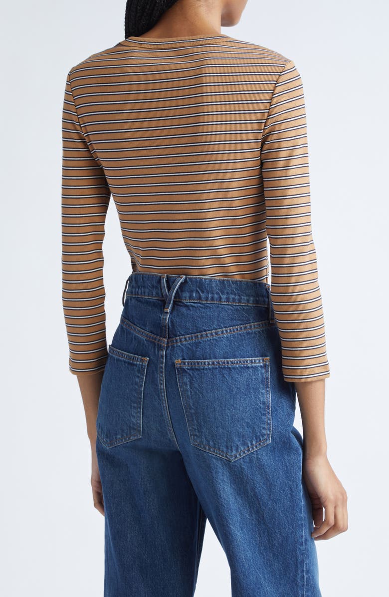 Veronica Beard Pruitt Stripe Three Quarter Sleeve Cotton T-Shirt, Alternate, color, Brown Multi