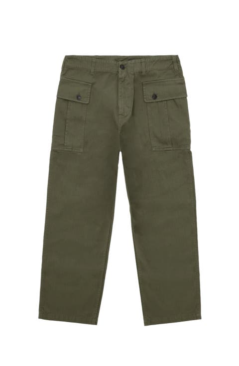 Olive Herringbone Cargo Trousers