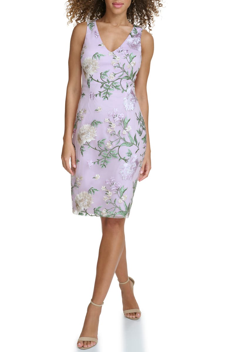 Siena Floral Embroidered Mesh Sheath Dress, Main, color, Lilac Multi