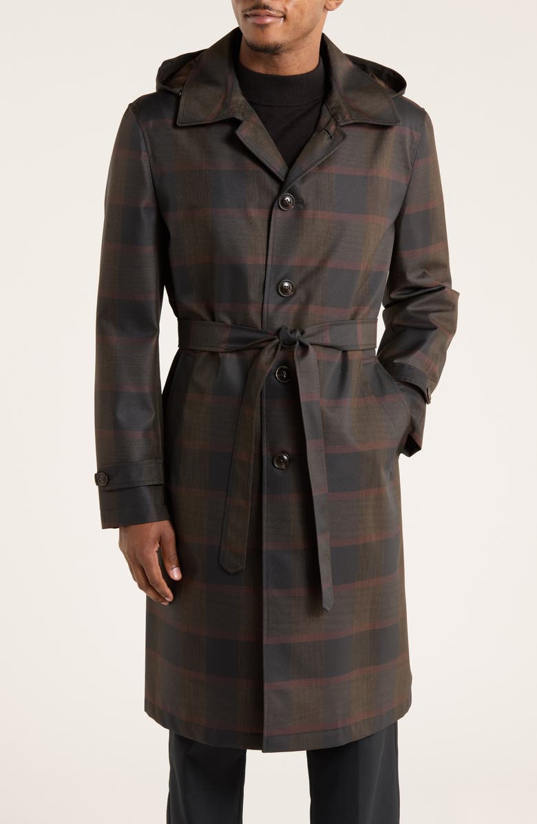 Ted by Ted Baker Plaid Rain Trench Coat, Main, color, Navy/ Olive