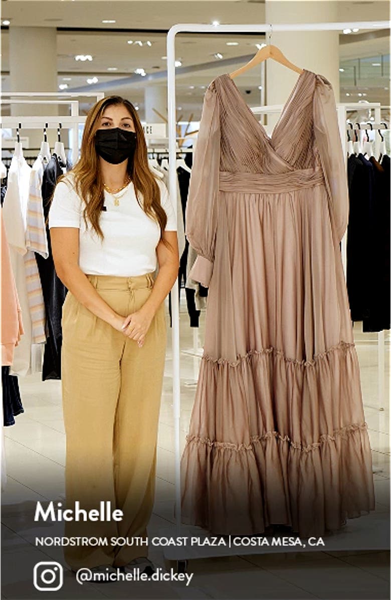 Long Sleeve Satin & Chiffon Tiered Gown, sales video thumbnail