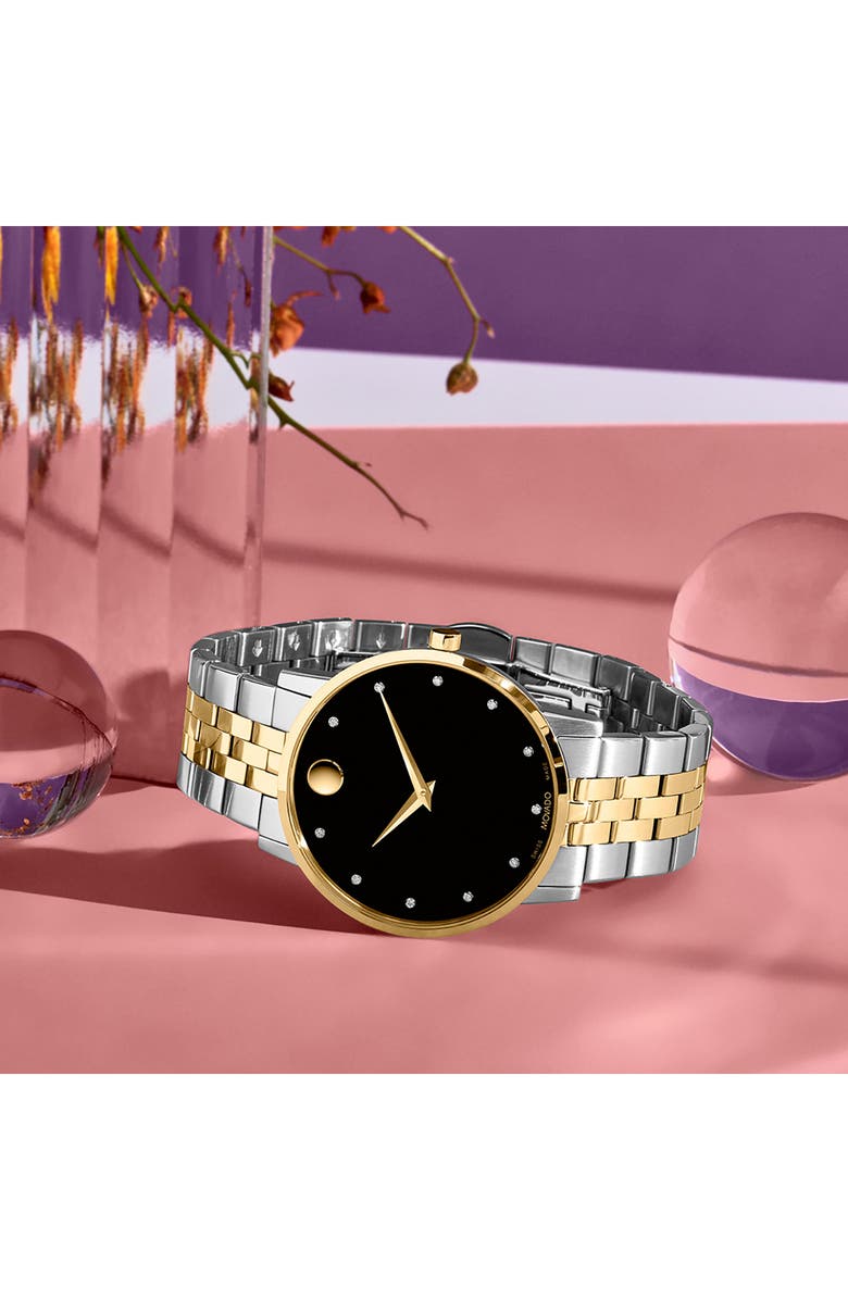 Movado Museum Diamond Bracelet Watch, 40mm, Alternate, color, Silver/ Black/ Gold