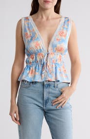 WAYF Lace Trim Sleeveless Crop Peplum Top