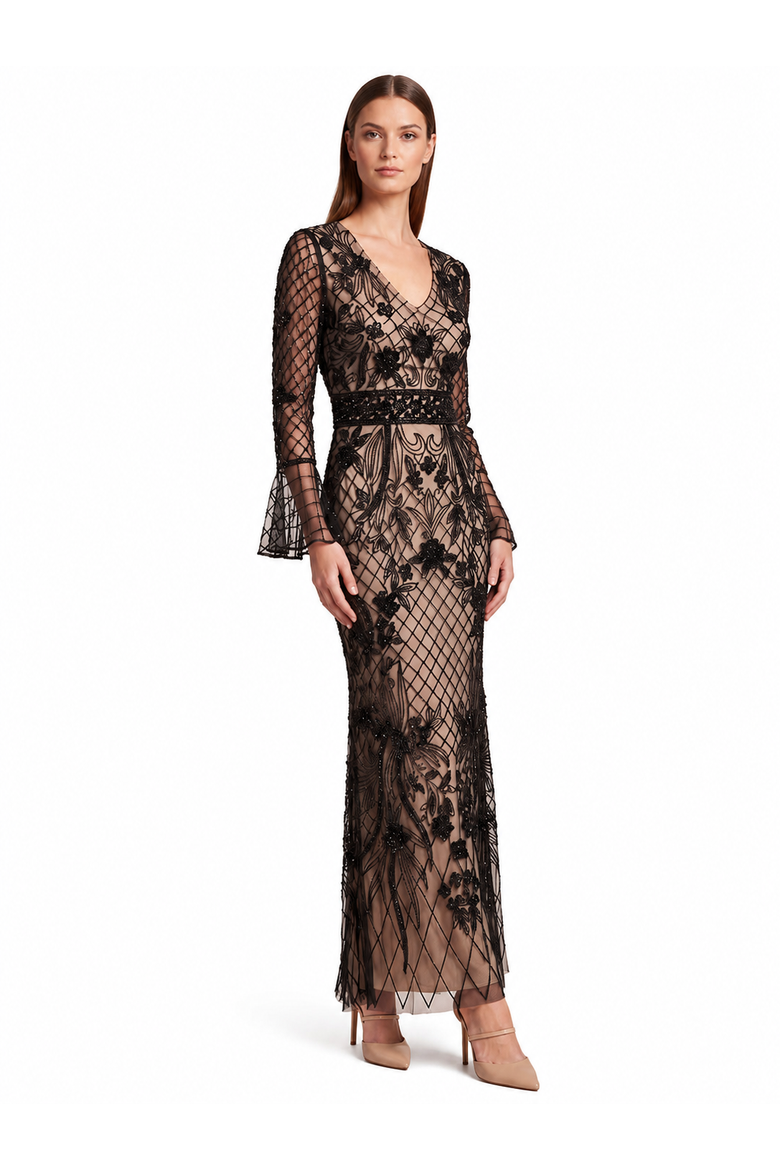 Bell Sleeve Beaded Gown, Main, color, Black/Nude