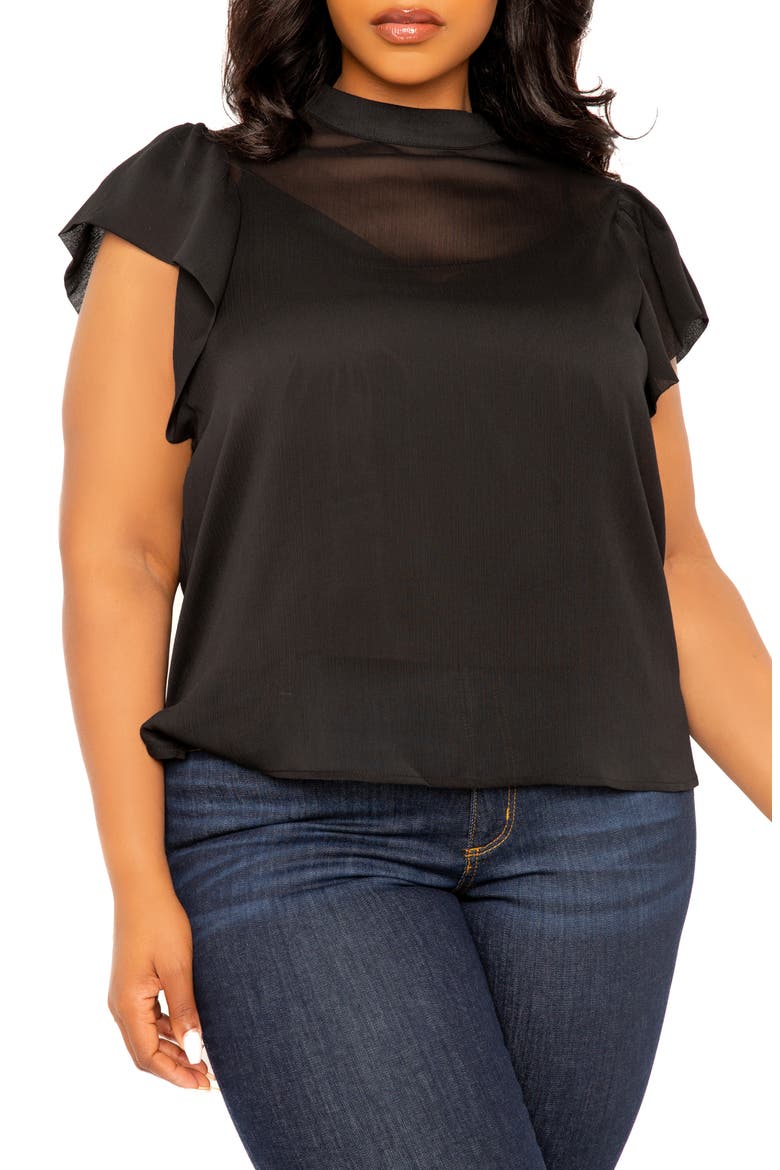 Ruffle Sleeve Top, Main, color, BLACK