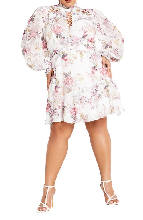 City Chic Amani Floral Print Long Sleeve Dress In Pink