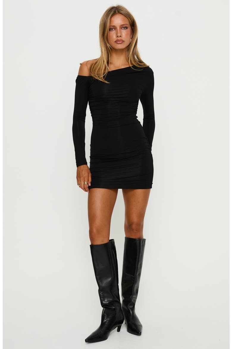 Beller Ruched Long Sleeve Minidress, Alternate, color, BLACK