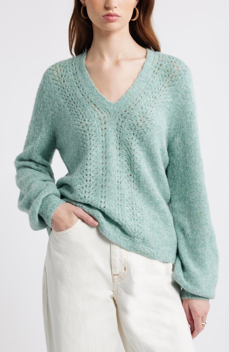 Treasure & Bond Oversize Pointelle V-Neck Sweater, Main, color, Green Milieu