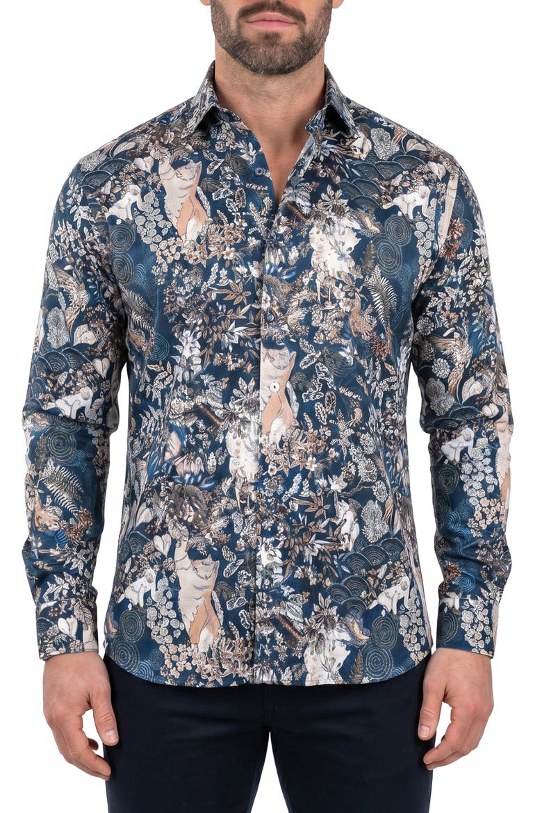 Fibonacci Contemporary Fit Silk Button-Up Shirt, Main, color, BLUE