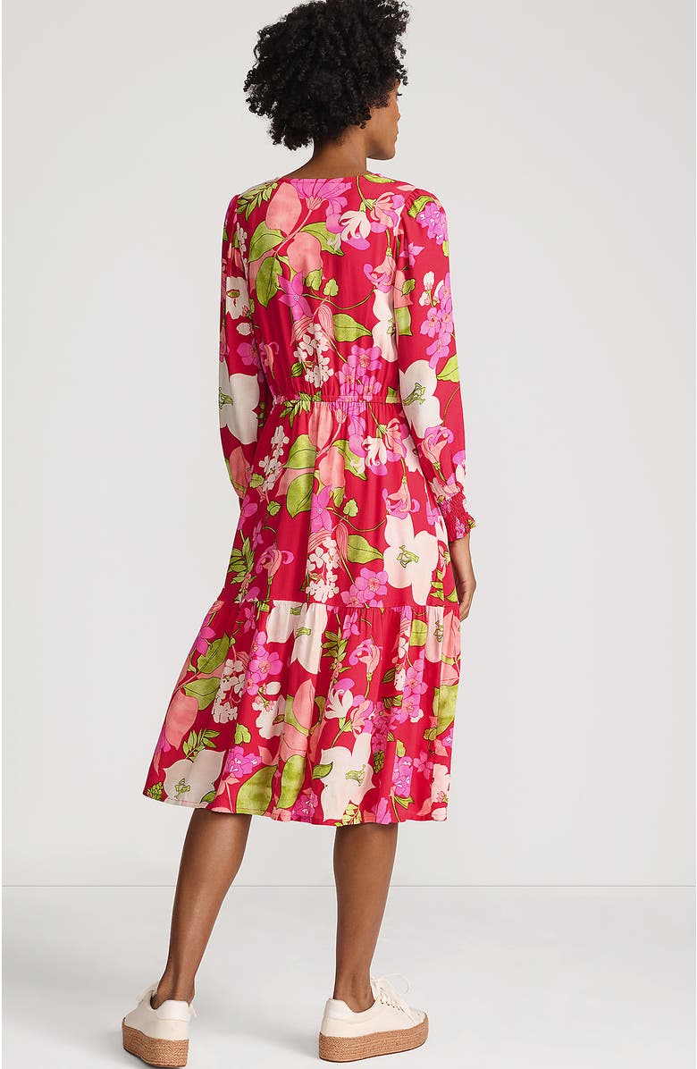 Lands' End Crepe Button Front Long Sleeve Midi Dress, Alternate, color, Berry Rouge Lilies