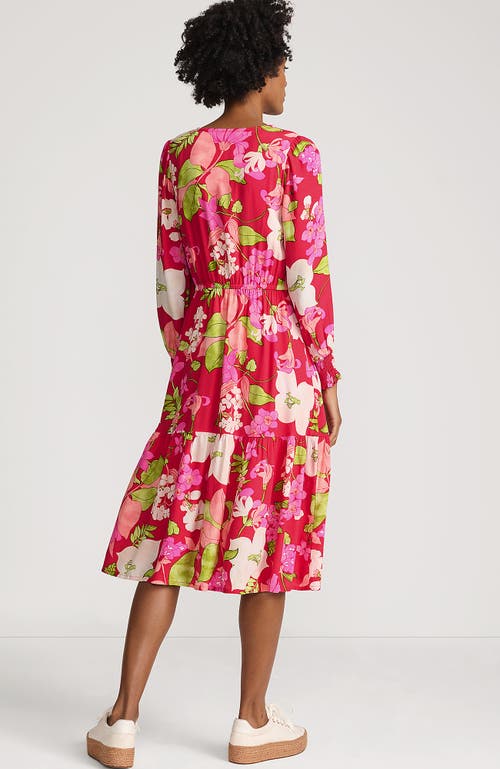 Lands' End Crepe Button Front Long Sleeve Midi Dress In Berry Rouge Lilies