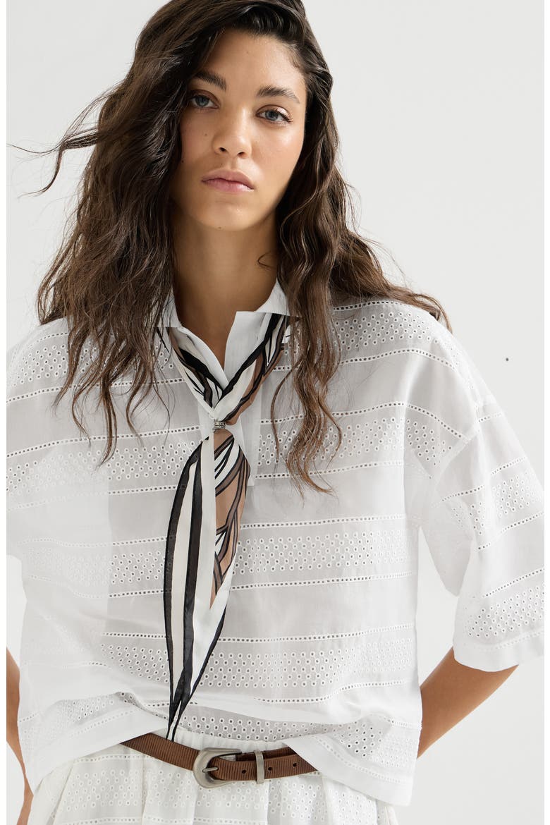 Cotton organza broderie anglaise cropped polo, Alternate, color, White