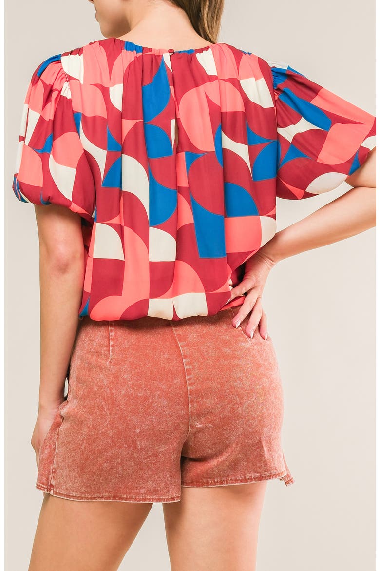 Geometric Print Short Sleeve Blouson Top, Alternate, color, BURGUNDY