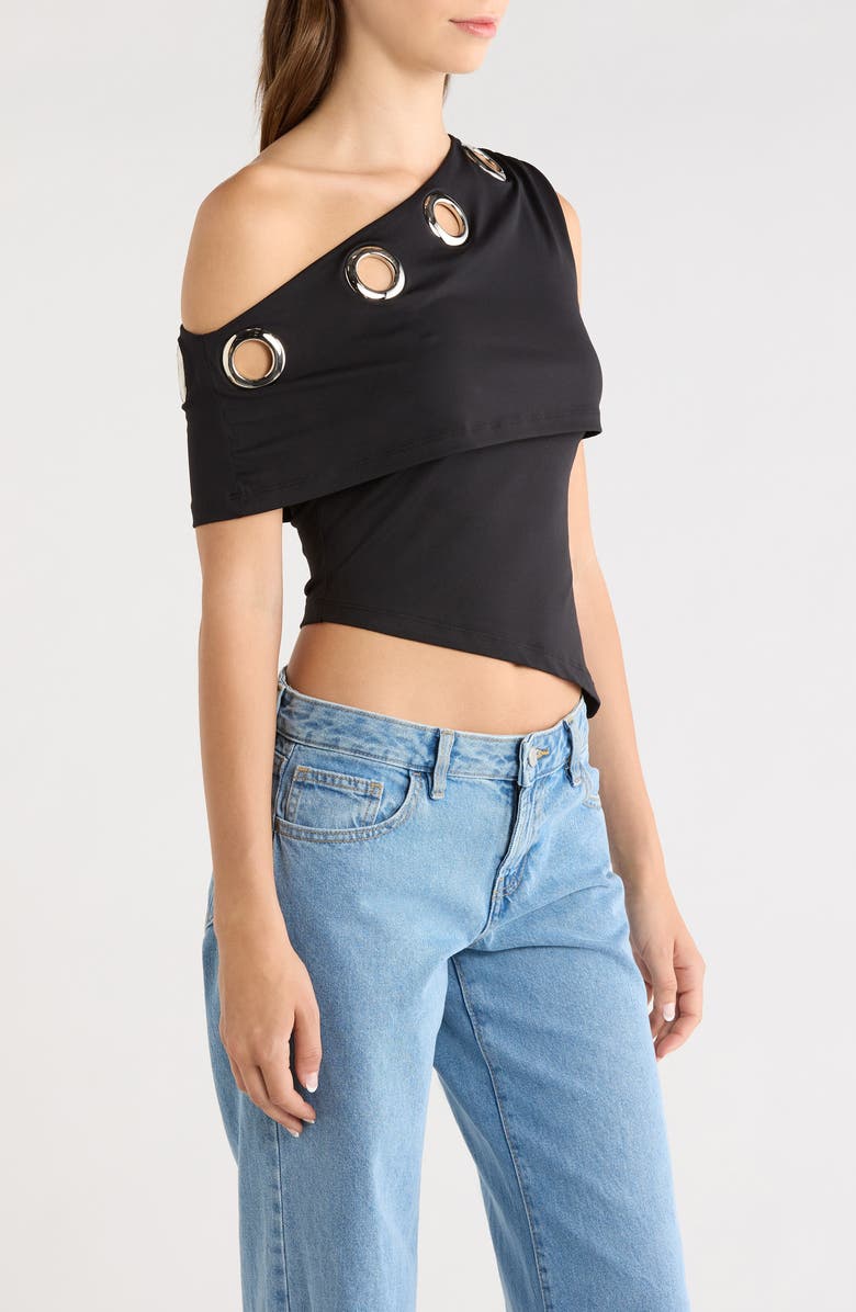 Princess Polly Noteworthy Grommet One-Shoulder Asymmetric Top, Alternate, color, Black