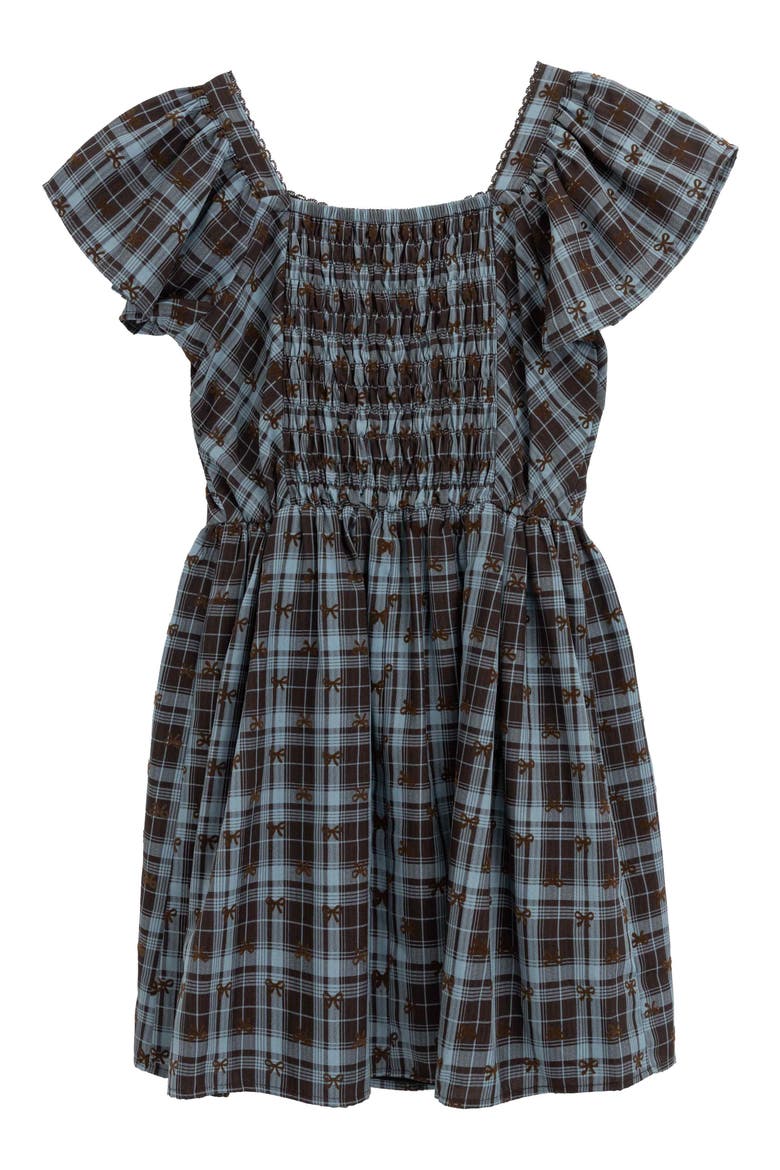 Kids' Flocked Plaid Drop Waist Dress, Alternate, color, BROWN/ AQUA JM