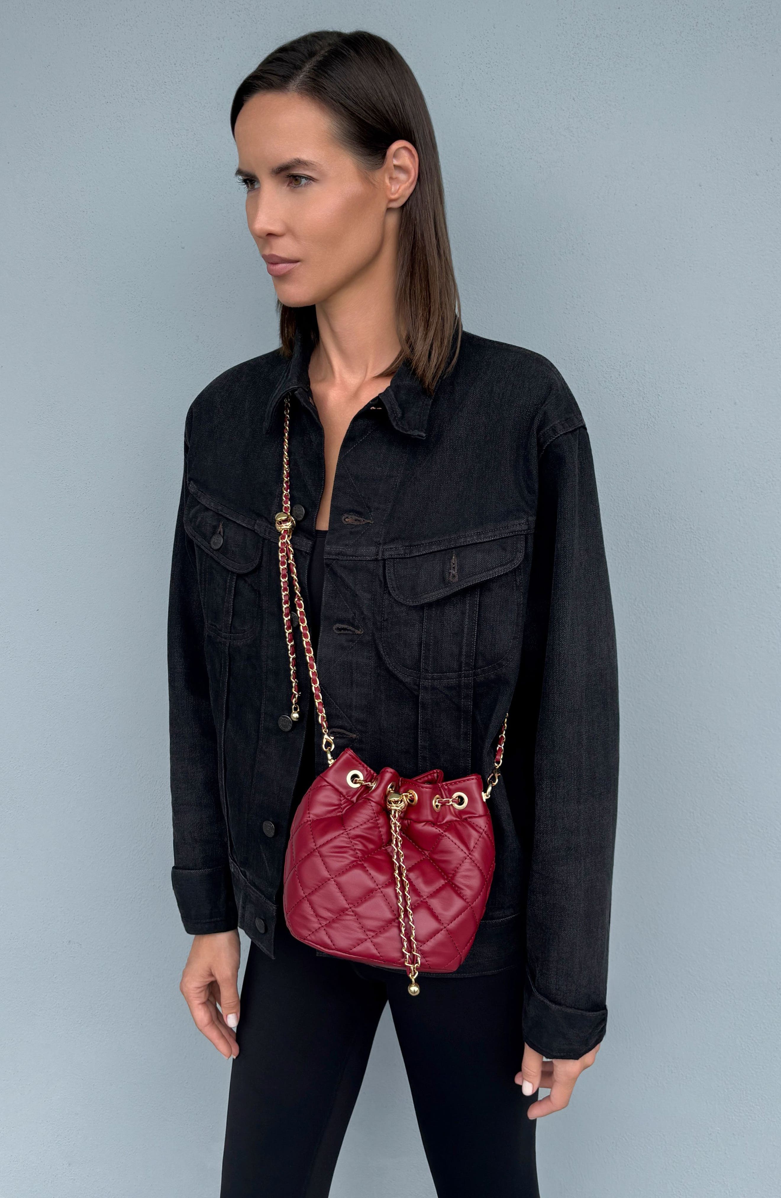 Quilted Faux Leather Bucket Bag, Alternate, color, RED