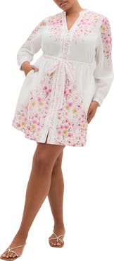 City Chic Elia Placed Floral Long Sleeve Cotton Dress