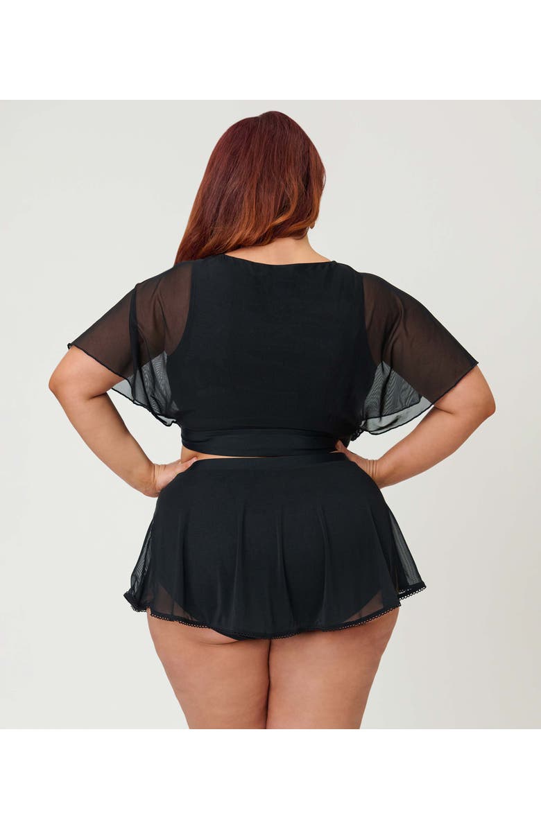 Unique Vintage Plus Size Flutter Sleeve Swim Top, Alternate, color, Solid Black