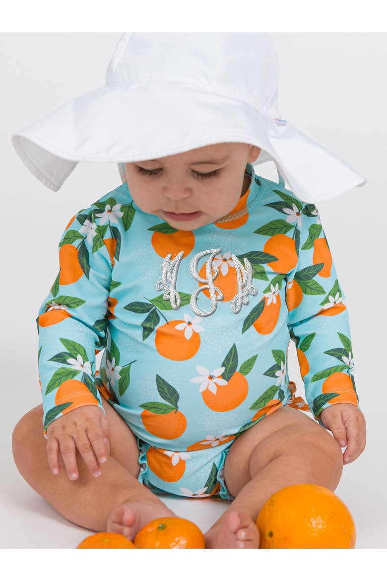 Baby Girls Orange You The Sweetest Long Sleeve UPF50+ One Piece Rash Guard, Alternate, color, Blue Orange You The Sweetest
