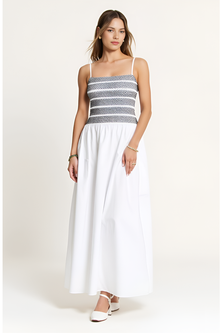 Smocked Bodice A-Line Maxi Dress with Gathered Skirt, Alternate, color, White / Black Striped