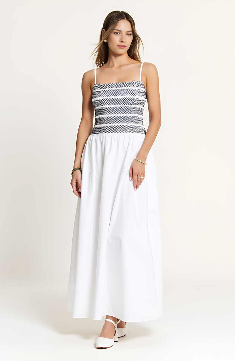 Modenaire Smocked Bodice A-Line Maxi Dress with Gathered Skirt, Alternate, color, White / Black Striped