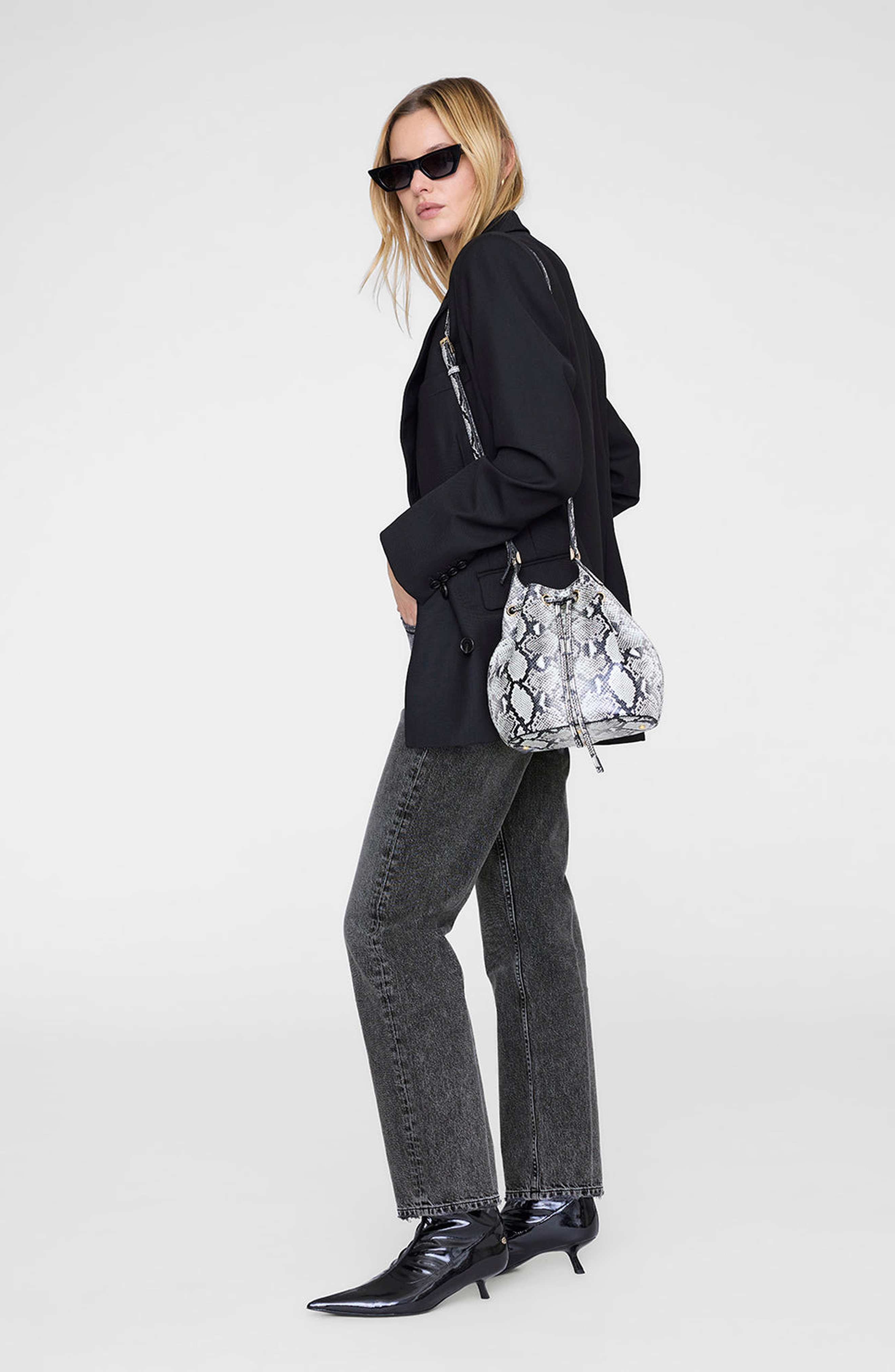 ANINE BING Mini Alana Bucket Bag, Alternate, color, Black / White Python