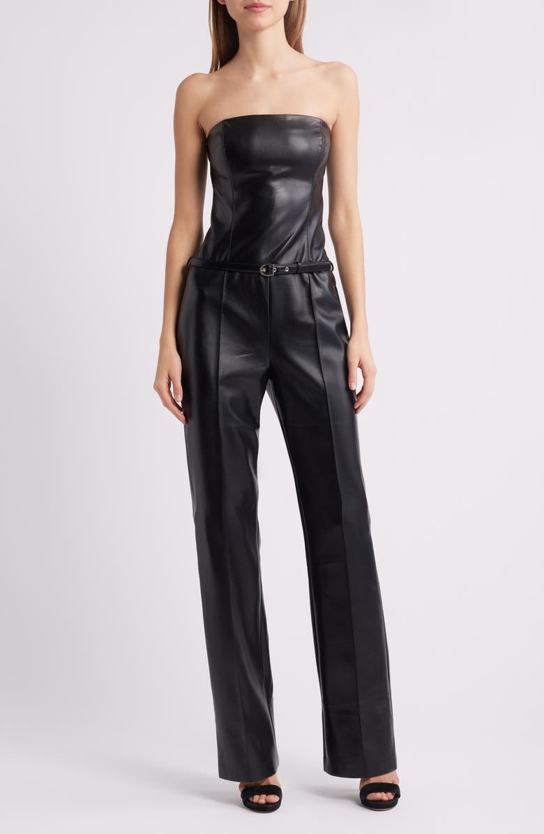 Amanda Uprichard Amoret Belted Strapless Faux Leather Jumpsuit, Main, color,