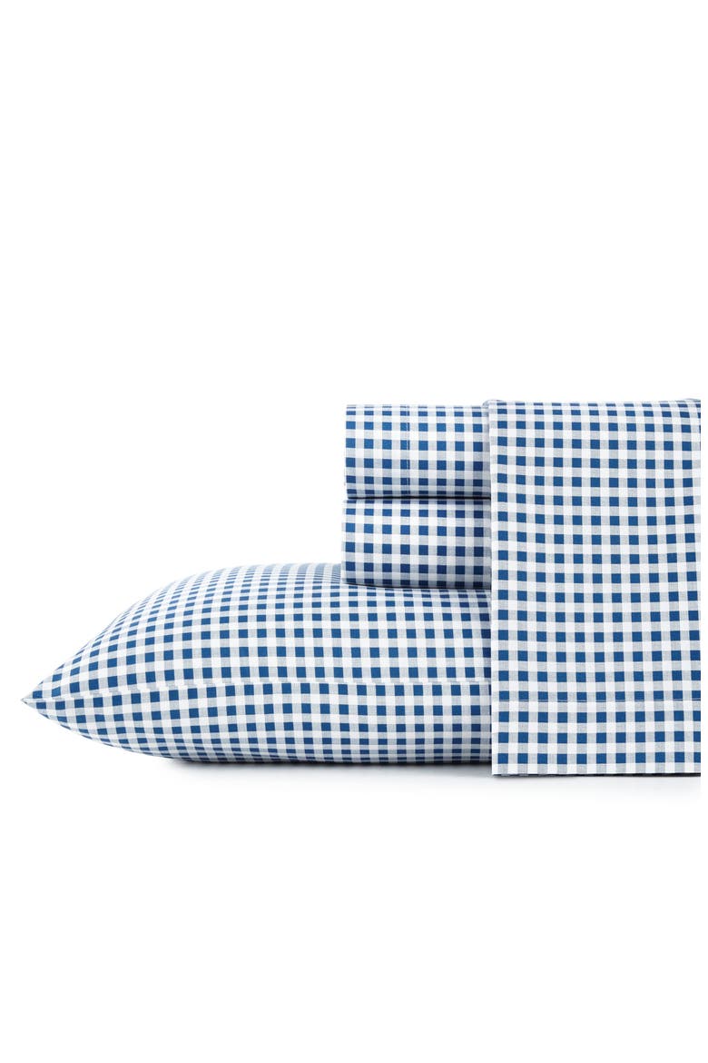 Gingham Plaid 200 Thread Count Cotton Percale Sheet Set, Main, color, NAVY