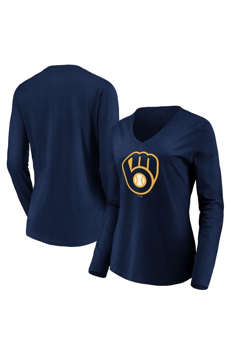 FANATICS Women's Fanatics Branded Navy Milwaukee Brewers Official Logo Long Sleeve V-Neck T-Shirt, Main, color, 