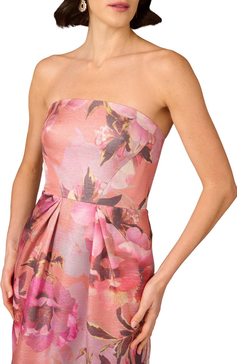 Aidan Mattox Print Metallic Jacquard Strapless Gown, Alternate, color, Apricot Multi
