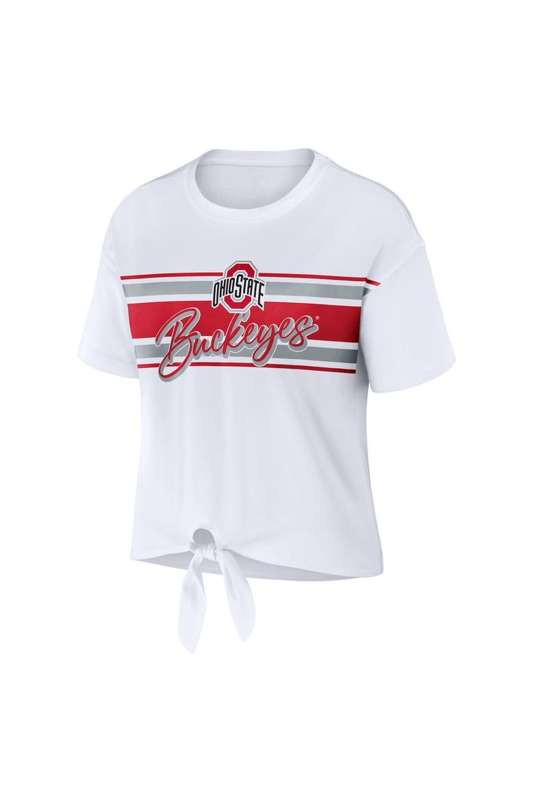Women's WEAR by Erin Andrews White Ohio State Buckeyes Striped Front Knot Cropped T-Shirt, Alternate, color, White