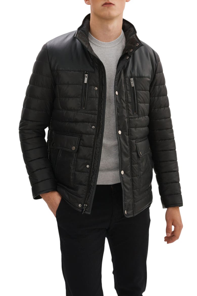 Leather Trim Channel Quilt Jacket, Alternate, color, BLACK