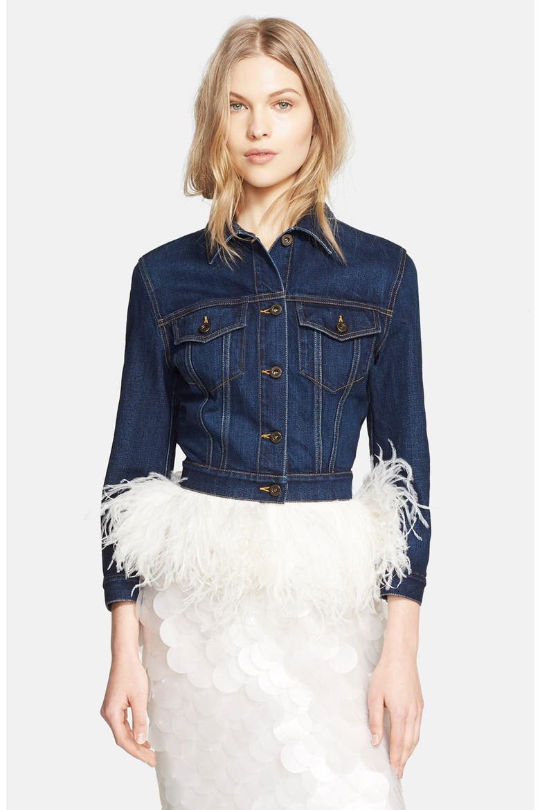 Ostrich Feather Hem Jean Jacket, Main, color, INDIGO