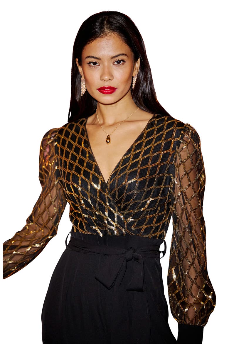 Sequin Wrap Over Jumpsuit, Alternate, color, Black
