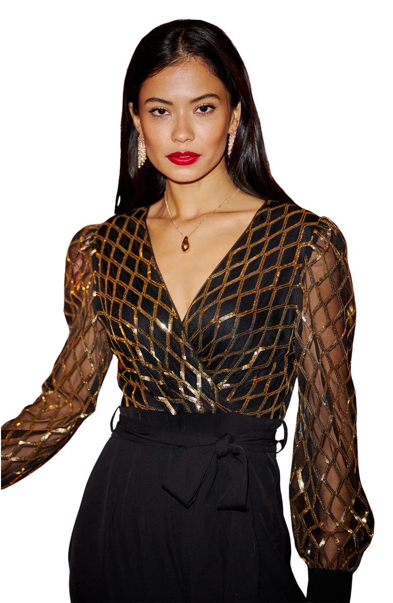 Yumi Sequin Wrap Over Jumpsuit, Alternate, color, Black