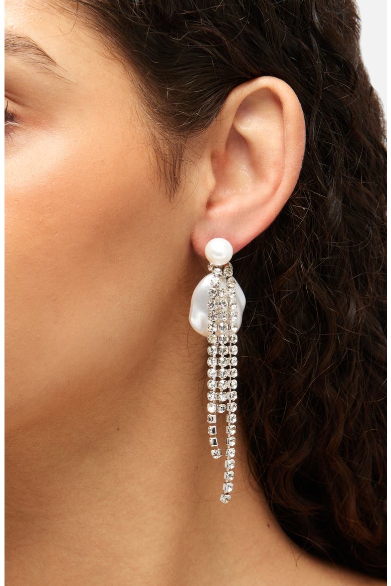 Faux Pearl & Rhinestone Drop Earrings, Alternate, color, RHODIUM PLATED