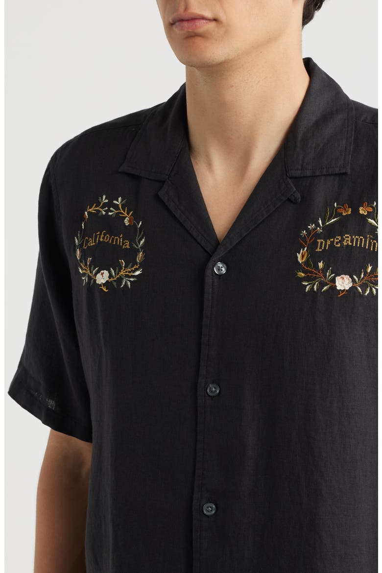 Klavicle California Dreamin' Embroidered Linen Camp Shirt, Alternate, color, JET BLACK