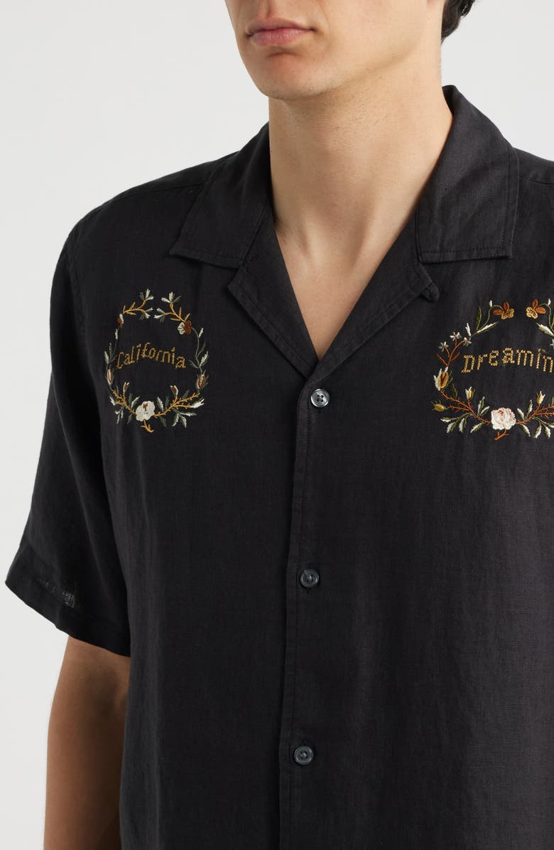 AllSaints Klavicle California Dreamin' Embroidered Linen Camp Shirt, Alternate, color, Jet Black
