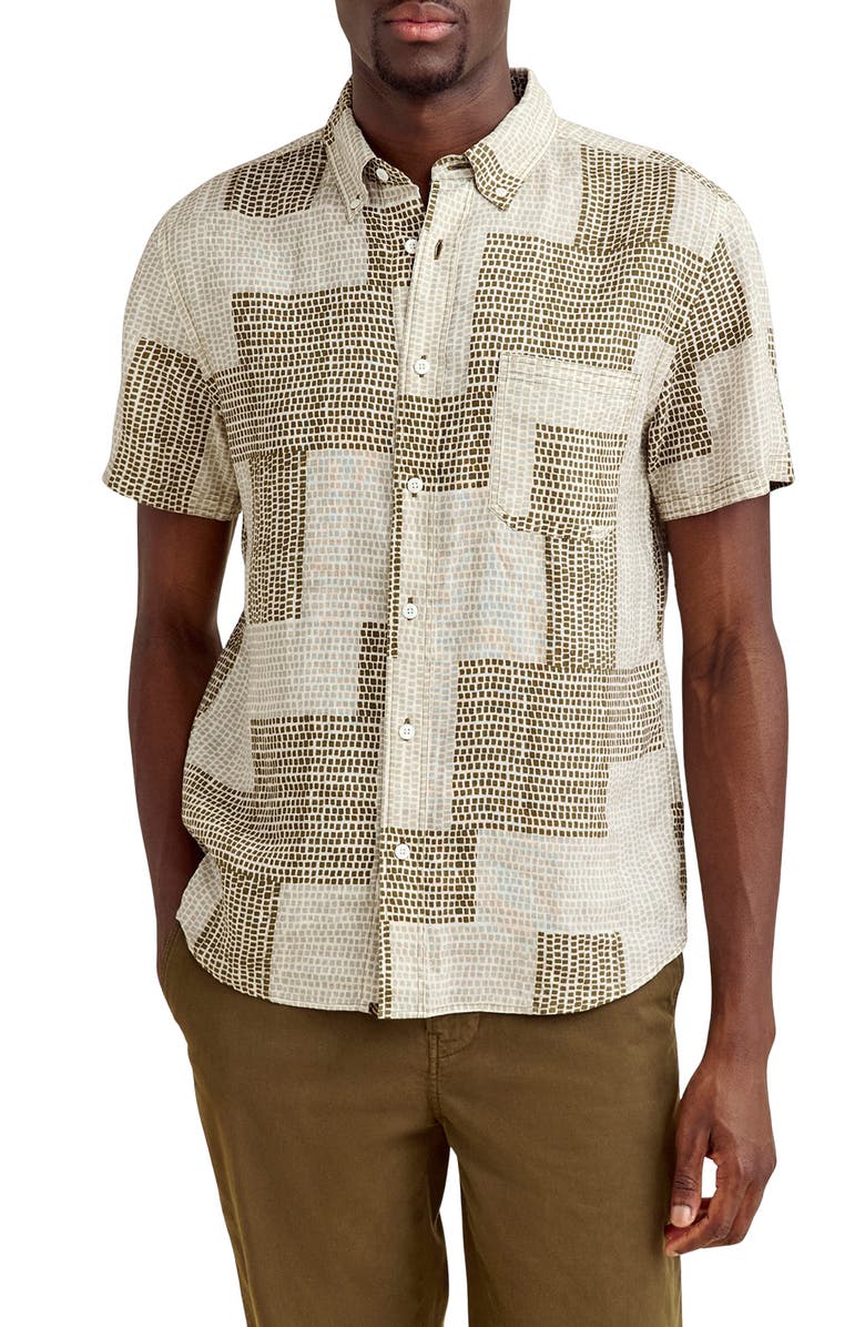Billy Reid Brick Print Short Sleeve Linen Button-Down Shirt, Main, color,