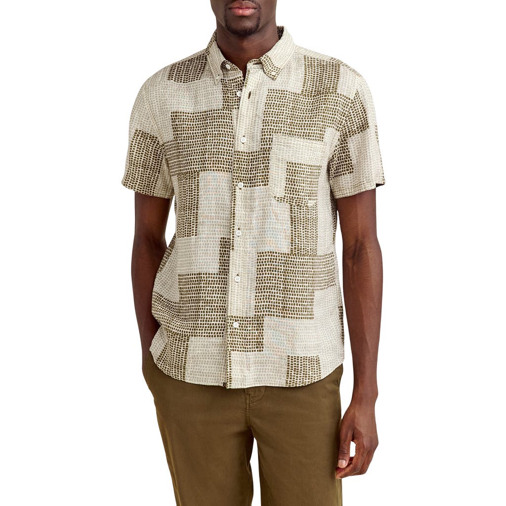 Billy Reid Brick Print Short Sleeve Linen Button-Down Shirt in Olive Multi  product