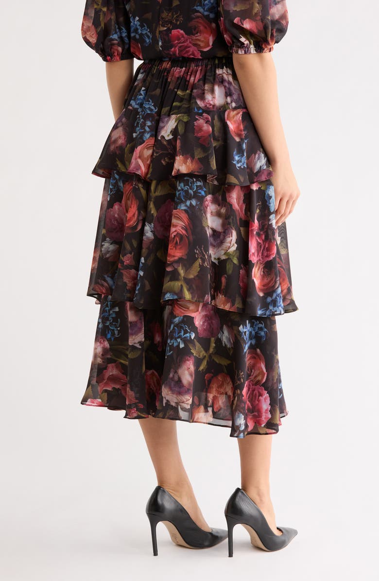 T Tahari Tiered Print Skirt, Alternate, color, Black Rose Print