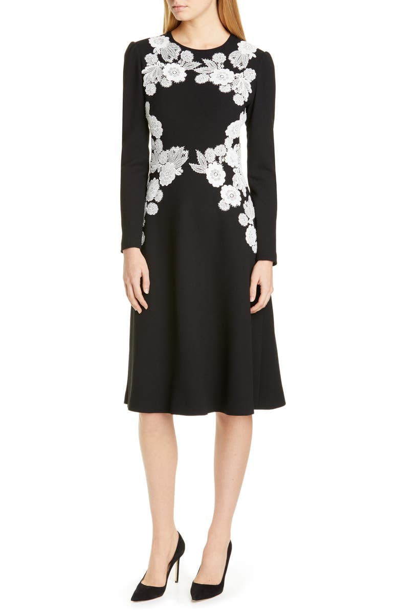 Lela Rose Lace Detail Long Sleeve Midi Dress, Main, color, 