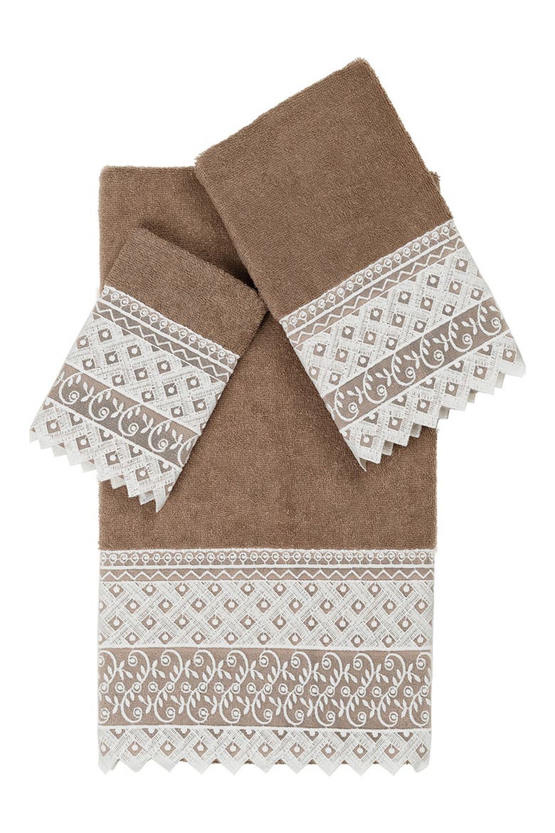 100% Turkish Cotton Aiden 3-Piece White Lace Embellished Towel Set, Main, color, LIGHT BROWN